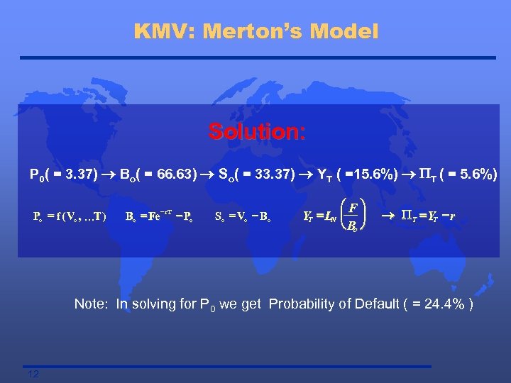 KMV: Merton’s Model Solution: P 0( = 3. 37) ® Bo( = 66. 63)