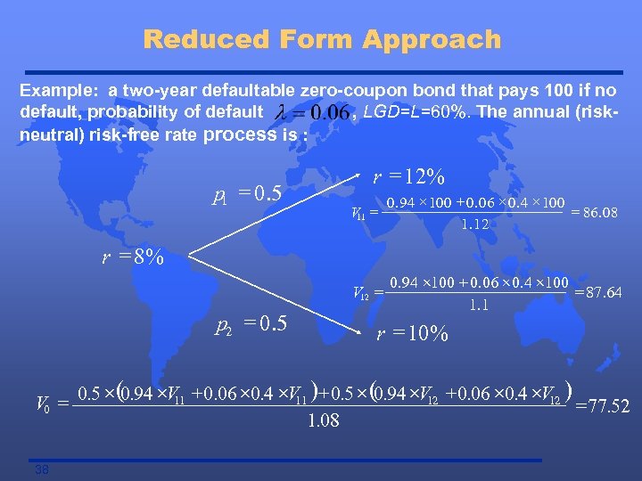 Reduced Form Approach Example: a two-year defaultable zero-coupon bond that pays 100 if no