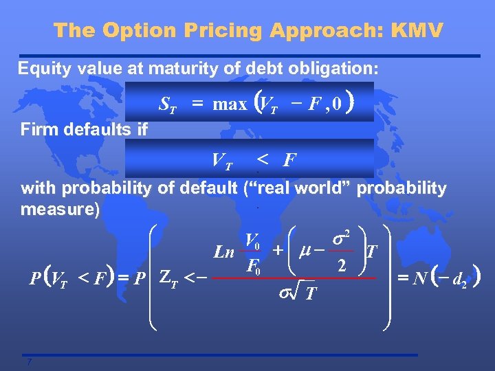 The Option Pricing Approach: KMV Equity value at maturity of debt obligation: ST =