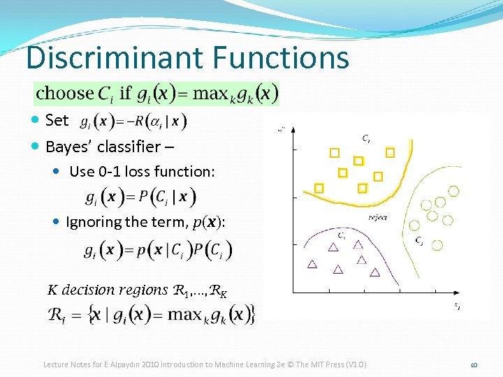 Discriminant Functions Set Bayes’ classifier – Use 0 -1 loss function: Ignoring the term,