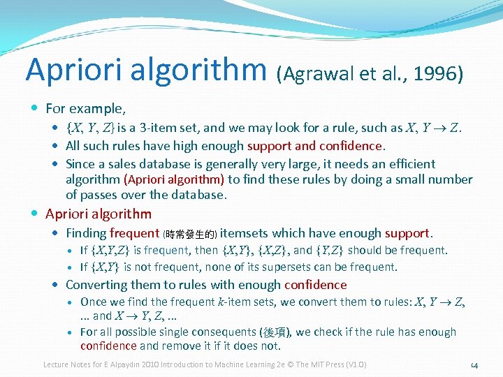 Apriori algorithm (Agrawal et al. , 1996) For example, {X, Y, Z} is a