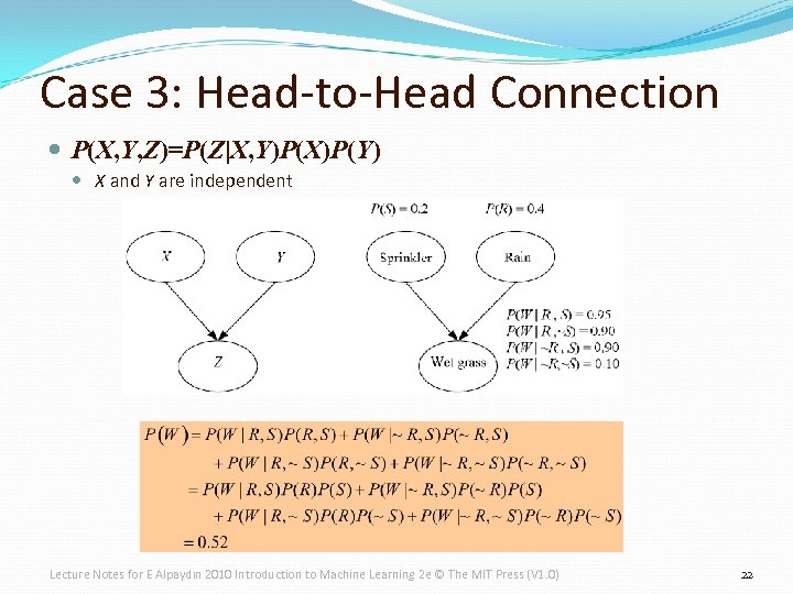 Case 3: Head-to-Head Connection P(X, Y, Z)=P(Z|X, Y)P(X)P(Y) X and Y are independent Lecture