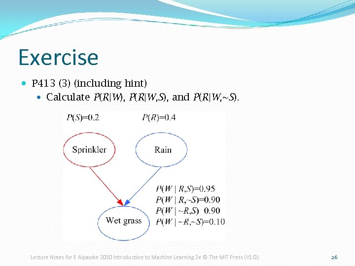 Exercise P 413 (3) (including hint) Calculate P(R|W), P(R|W, S), and P(R|W, ~S). Lecture