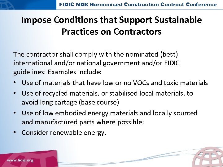 FIDIC MDB Harmonised Construction Contract Conference Impose Conditions that Support Sustainable Practices on Contractors