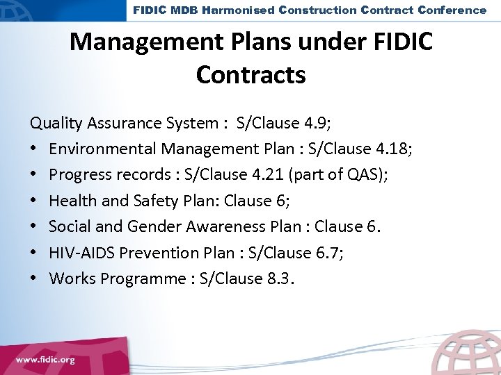 FIDIC MDB Harmonised Construction Contract Conference Management Plans under FIDIC Contracts Quality Assurance System