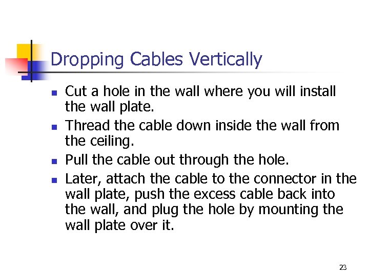 Dropping Cables Vertically n n Cut a hole in the wall where you will