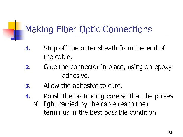 Making Fiber Optic Connections 1. Strip off the outer sheath from the end of