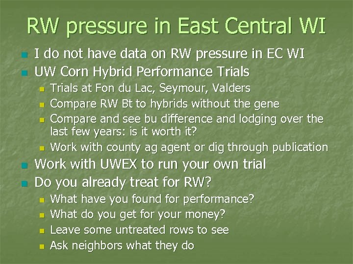 RW pressure in East Central WI n n I do not have data on