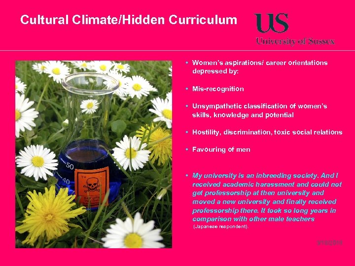 Cultural Climate/Hidden Curriculum • Women’s aspirations/ career orientations depressed by: • Mis-recognition • Unsympathetic