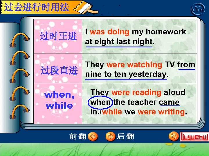 过去进行时用法 过时正进 I was doing my homework at eight last night. They were watching