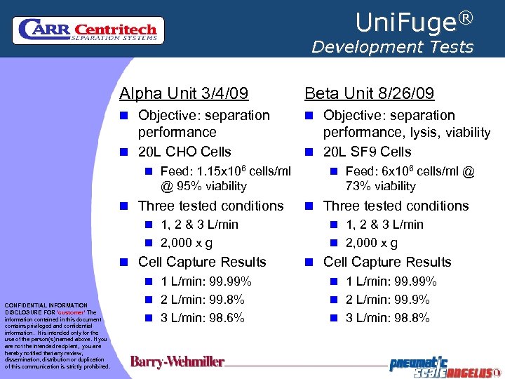 Uni. Fuge® Development Tests Alpha Unit 3/4/09 Beta Unit 8/26/09 n Objective: separation performance