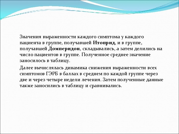 Значения выраженности каждого симптома у каждого пациента в группе, получавшей Итоприд, и в группе,