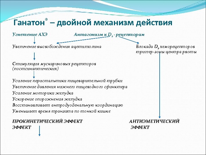 Ганатон® – двойной механизм действия Угнетение АХЭ Антагонизм к D 2 - рецепторам Увеличение