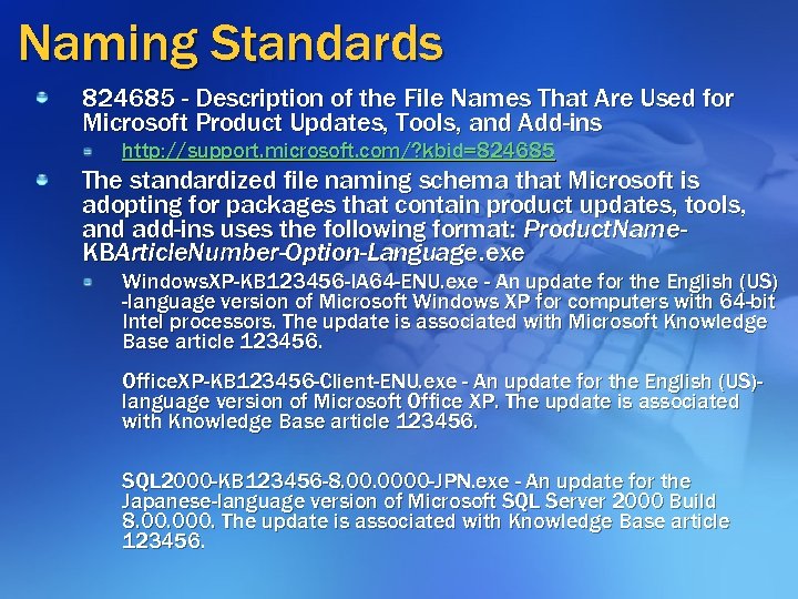 Naming Standards 824685 - Description of the File Names That Are Used for Microsoft