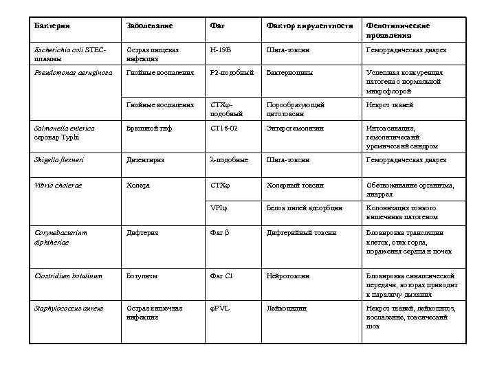 Бактерии Заболевание Фаг Фактор вирулентности Фенотипические проявления Escherichia coli STECштаммы Острая пищевая инфекция H-19