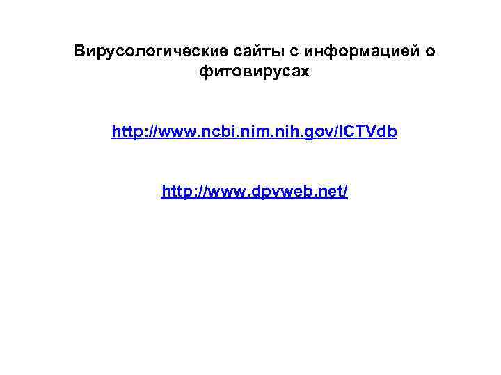 Вирусологические сайты с информацией о фитовирусах http: //www. ncbi. nim. nih. gov/ICTVdb http: //www.