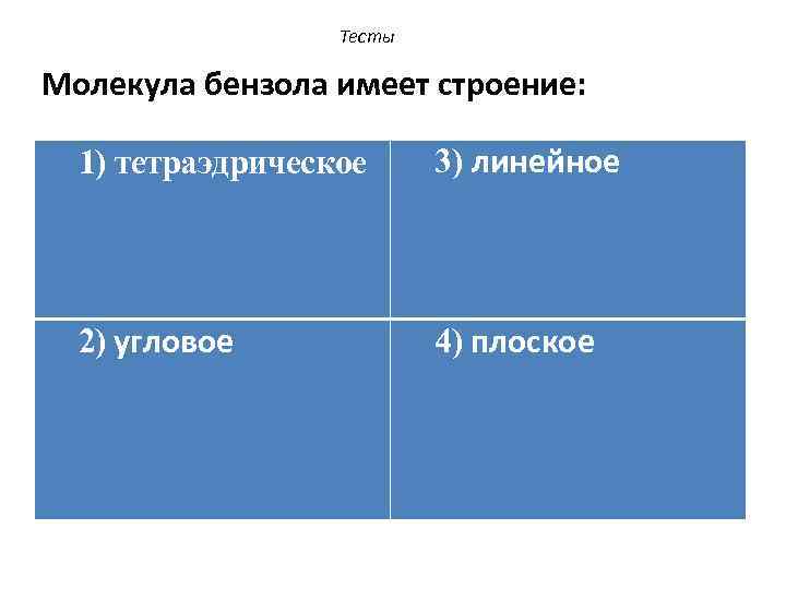 Тесты Молекула бензола имеет строение: 1) тетраэдрическое 3) линейное 2) угловое 4) плоское 