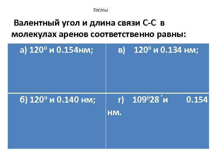 Тесты Валентный угол и длина связи C-C в молекулах аренов соответственно равны: а) 1200