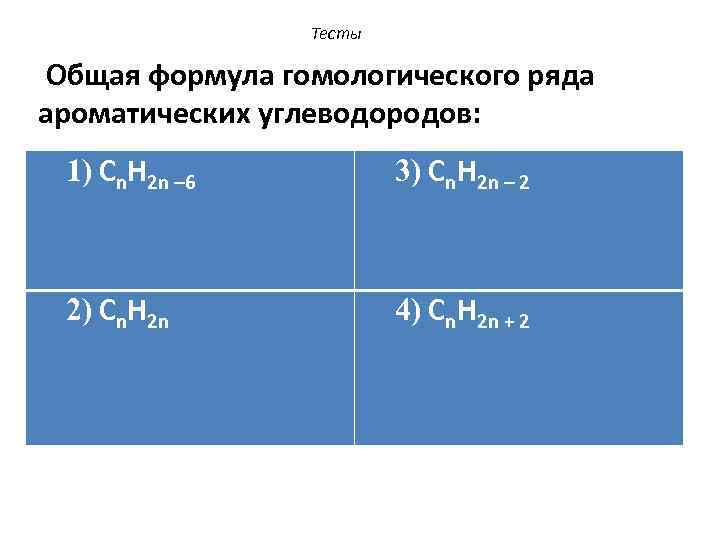 Тесты Общая формула гомологического ряда ароматических углеводородов: 1) Сn. Н 2 n – 6