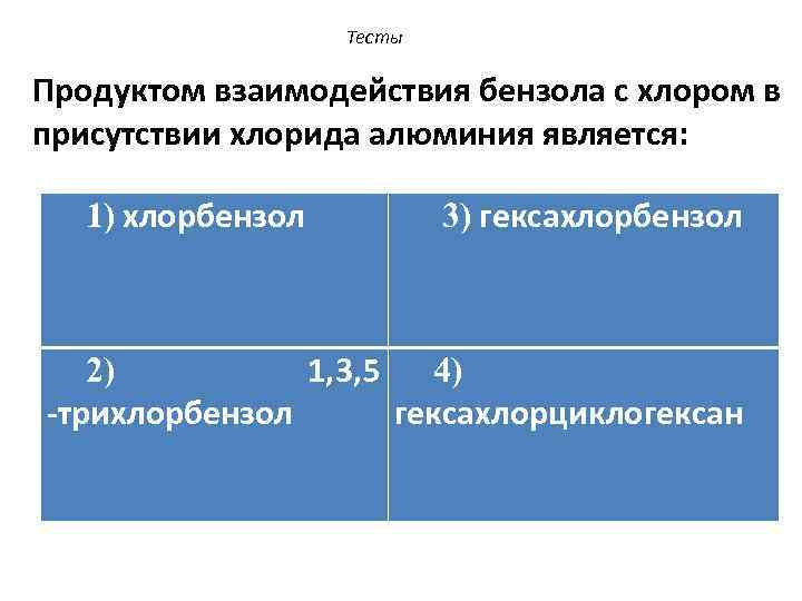 Тесты Продуктом взаимодействия бензола с хлором в присутствии хлорида алюминия является: 1) хлорбензол 3)