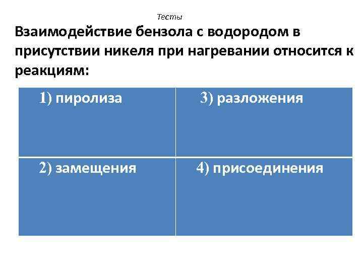 Тесты Взаимодействие бензола с водородом в присутствии никеля при нагревании относится к реакциям: 1)