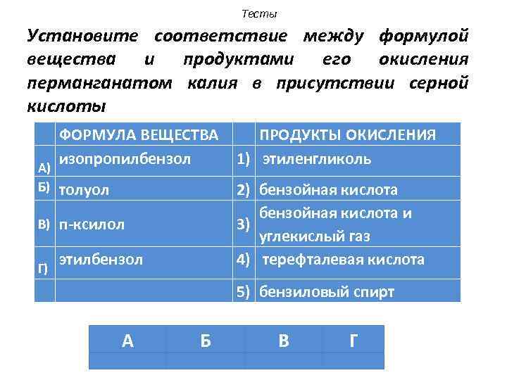 Тесты Установите соответствие между формулой вещества и продуктами его окисления перманганатом калия в присутствии