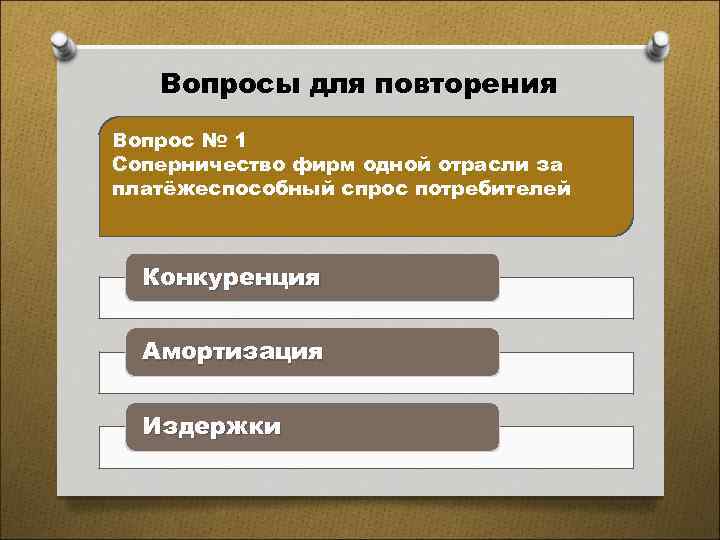 Вопросы для повторения Вопрос № 1 Соперничество фирм одной отрасли за платёжеспособный спрос потребителей