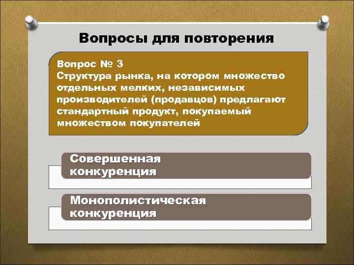 Вопросы для повторения Вопрос № 3 Структура рынка, на котором множество отдельных мелких, независимых