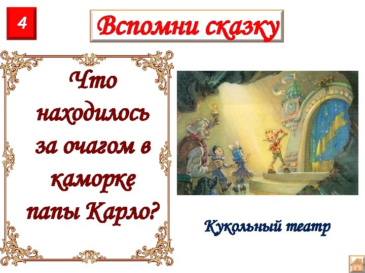 4 Вспомни сказку Что находилось за очагом в каморке папы Карло? Кукольный театр 