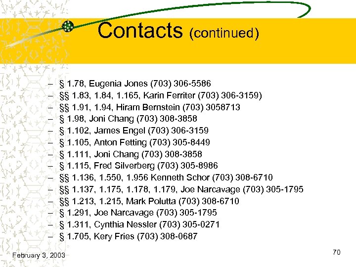 Contacts (continued) – – – – § 1. 78, Eugenia Jones (703) 306 -5586