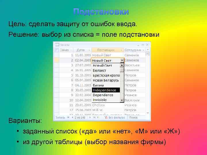 Подстановки Цель: сделать защиту от ошибок ввода. Решение: выбор из списка = поле подстановки