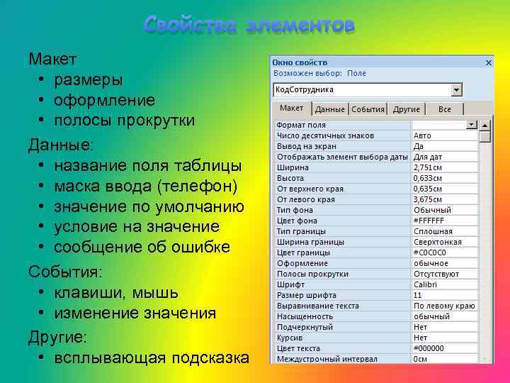 Свойства элементов Макет • размеры • оформление • полосы прокрутки Данные: • название поля