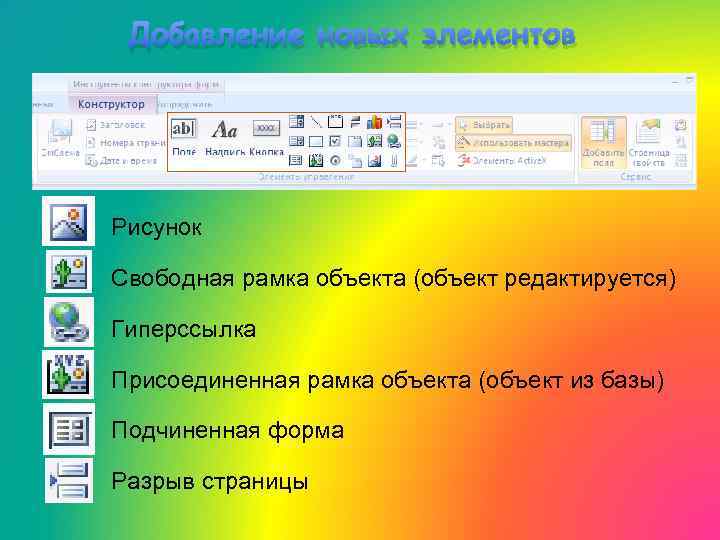 Добавление новых элементов Рисунок Свободная рамка объекта (объект редактируется) Гиперссылка Присоединенная рамка объекта (объект