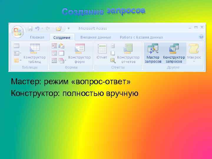 Создание запросов Мастер: режим «вопрос-ответ» Конструктор: полностью вручную 