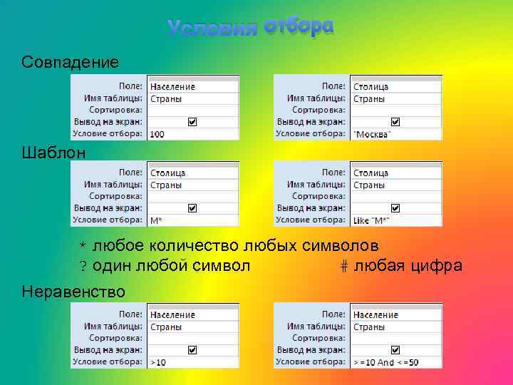 Условия отбора Совпадение Шаблон * любое количество любых символов ? один любой символ #