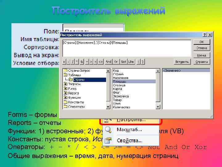Построитель выражений ПКМ Forms – формы Reports – отчеты Функции: 1) встроенные; 2) функции
