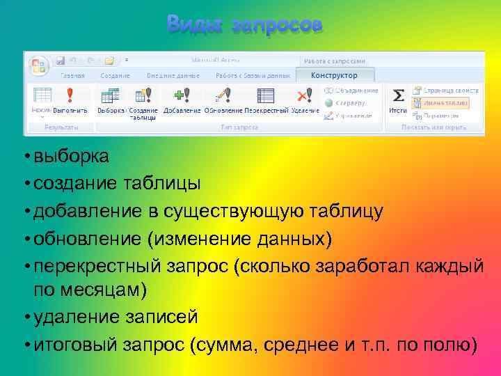 Виды запросов • выборка • создание таблицы • добавление в существующую таблицу • обновление