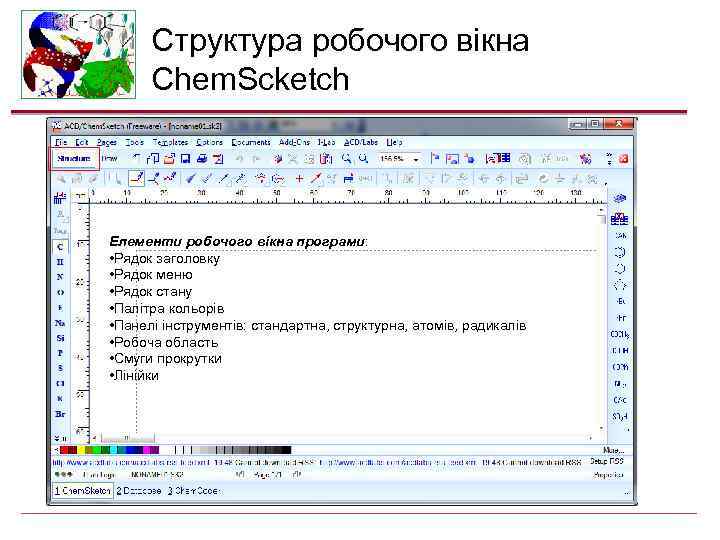 Структура робочого вікна Chem. Scketch Елементи робочого вікна програми: • Рядок заголовку • Рядок