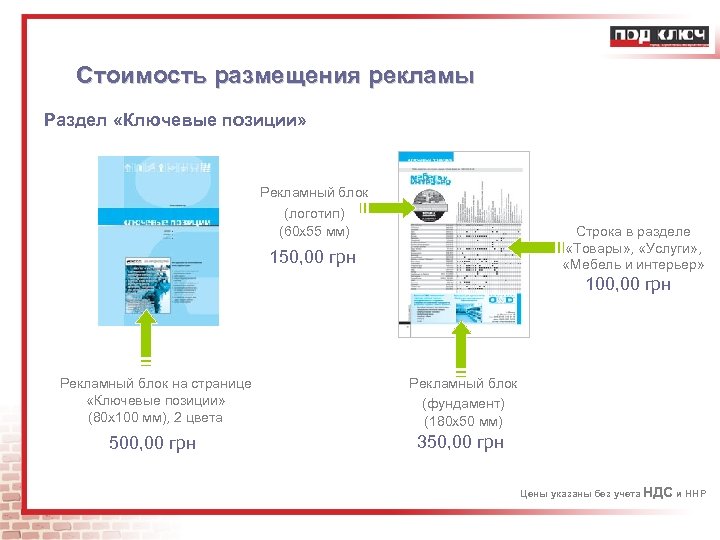 Стоимость размещения рекламы Раздел «Ключевые позиции» Рекламный блок (логотип) (60 х55 мм) Строка в