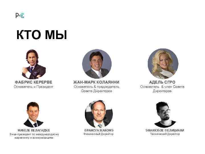 КТО МЫ ФАБРИС КЕРЕРВЕ ЖАН-МАРК КОЛАЯННИ АДЕЛЬ СГРО Основатель и Президент Основатель & председатель