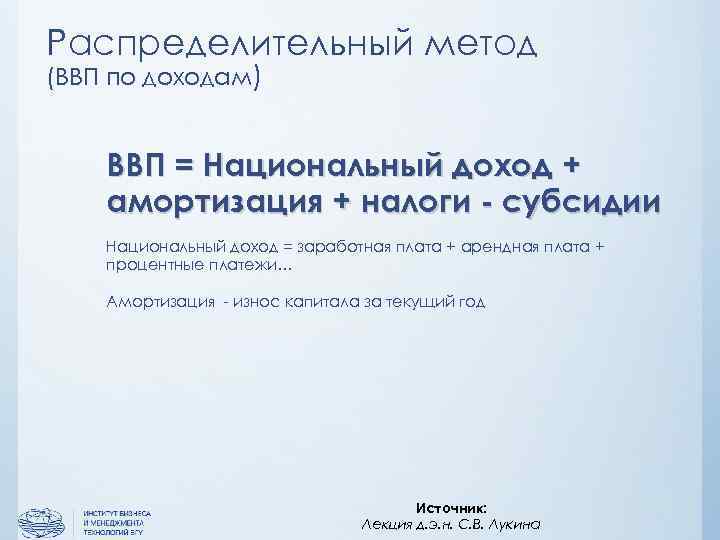 Распределительный метод (ВВП по доходам) ВВП = Национальный доход + амортизация + налоги -