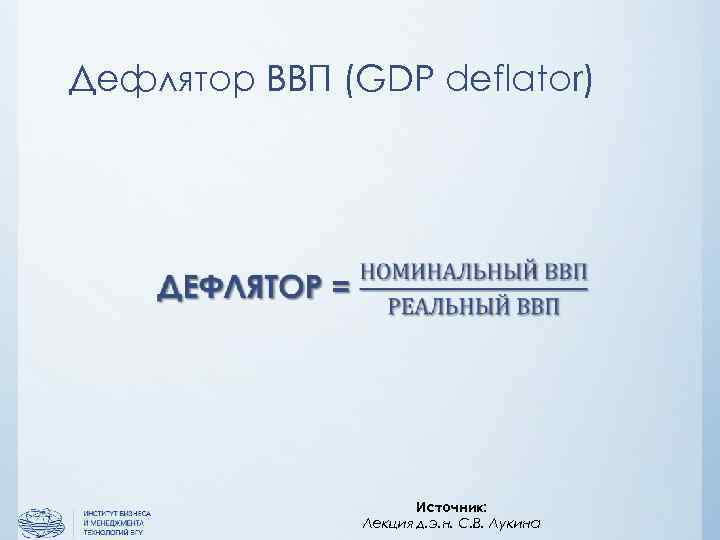 Дефлятор ВВП (GDP deflator) Источник: Лекция д. э. н. С. В. Лукина 