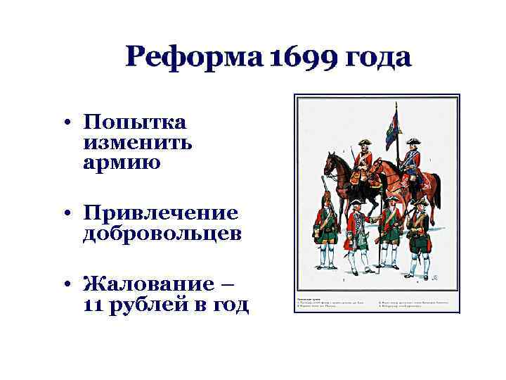  • Попытка изменить армию • Привлечение добровольцев • Жалование – 11 рублей в