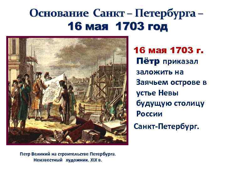 . Петр Великий на cтроительстве Петербурга. Неизвестный художник. XIX в. 16 мая 1703 г.