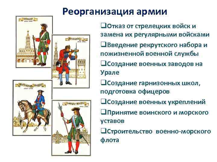 Реорганизация армии q. Отказ от стрелецких войск и замена их регулярными войсками q. Введение