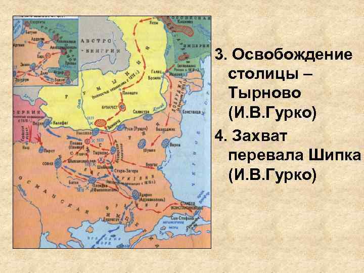 3. Освобождение столицы – Тырново (И. В. Гурко) 4. Захват перевала Шипка (И. В.