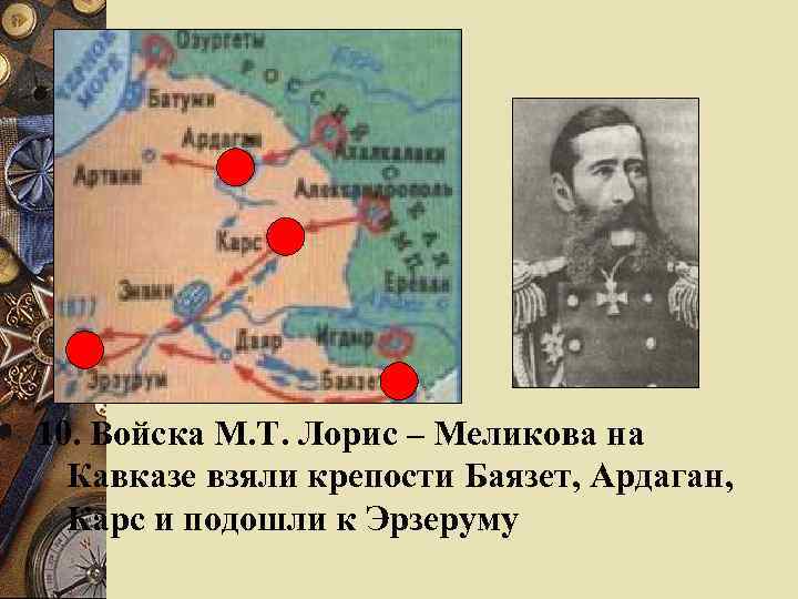 10. Войска М. Т. Лорис – Меликова на Кавказе взяли крепости Баязет, Ардаган, Карс