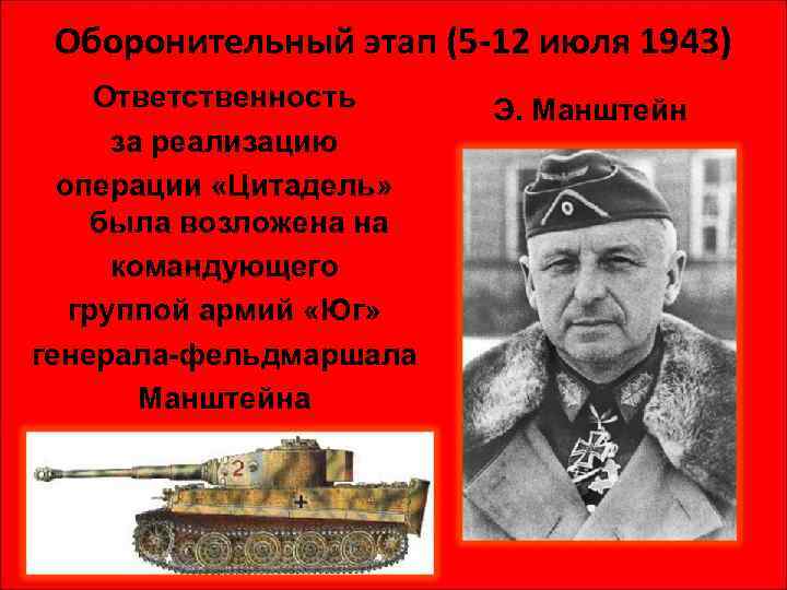 Оборонительный этап (5 -12 июля 1943) Ответственность за реализацию операции «Цитадель» была возложена на