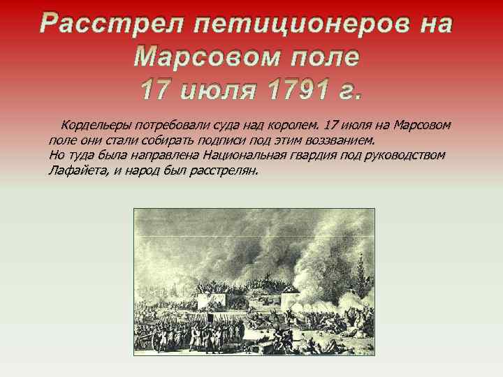 Расстрел петиционеров на Марсовом поле 17 июля 1791 г. Кордельеры потребовали суда над королем.