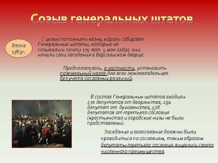 Созыв генеральных штатов Весна 1789 г. С целью пополнить казну, король собирает Генеральные штаты,